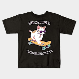 Cat Skating Through Life - Funny Cat And Skate Design Kids T-Shirt